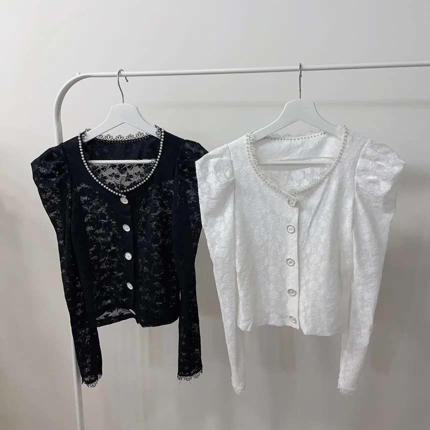 エコパールラウンドネックボタンレース花柄ブラウス | mirangmirang | 詳細画像19