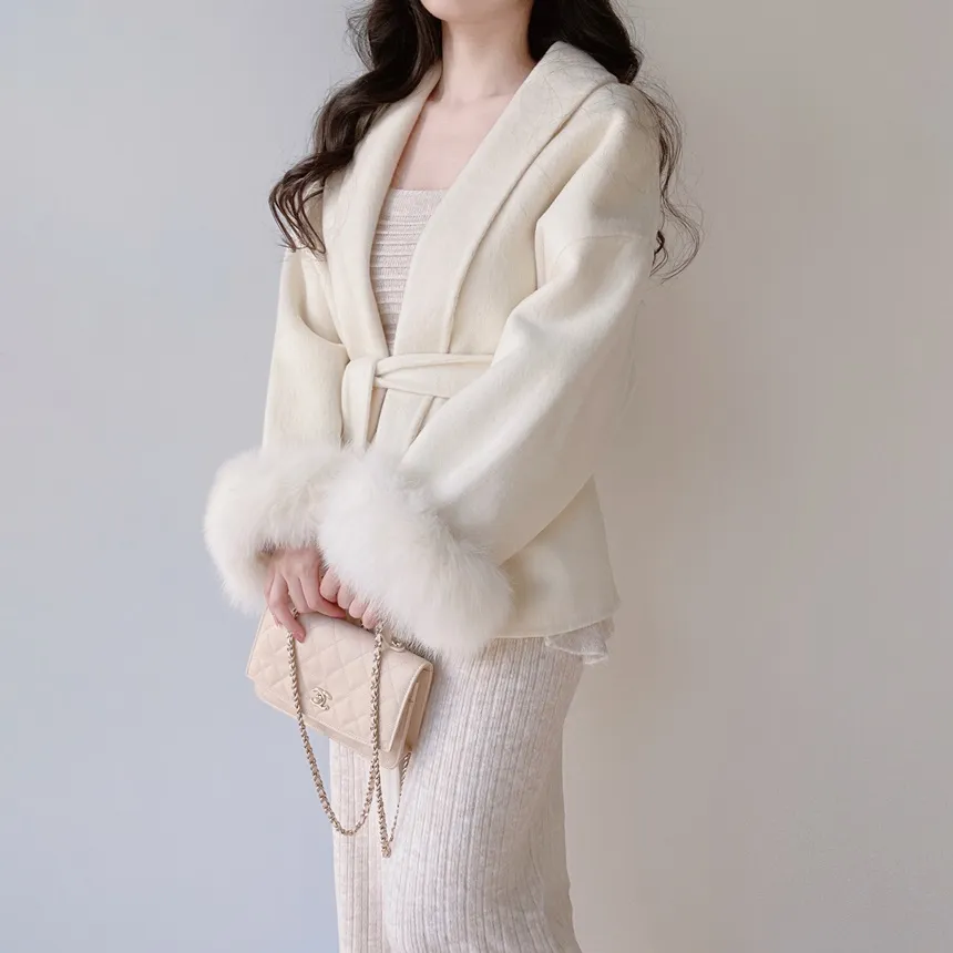 ストラップ付ウール混エコファーショートコート | mirangmirang | 詳細画像3