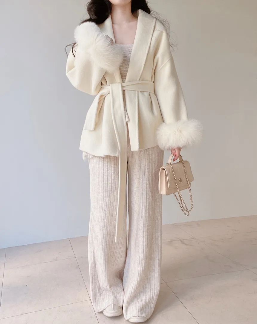 ストラップ付ウール混エコファーショートコート | mirangmirang | 詳細画像5