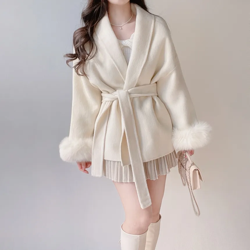 ストラップ付ウール混エコファーショートコート | mirangmirang | 詳細画像10