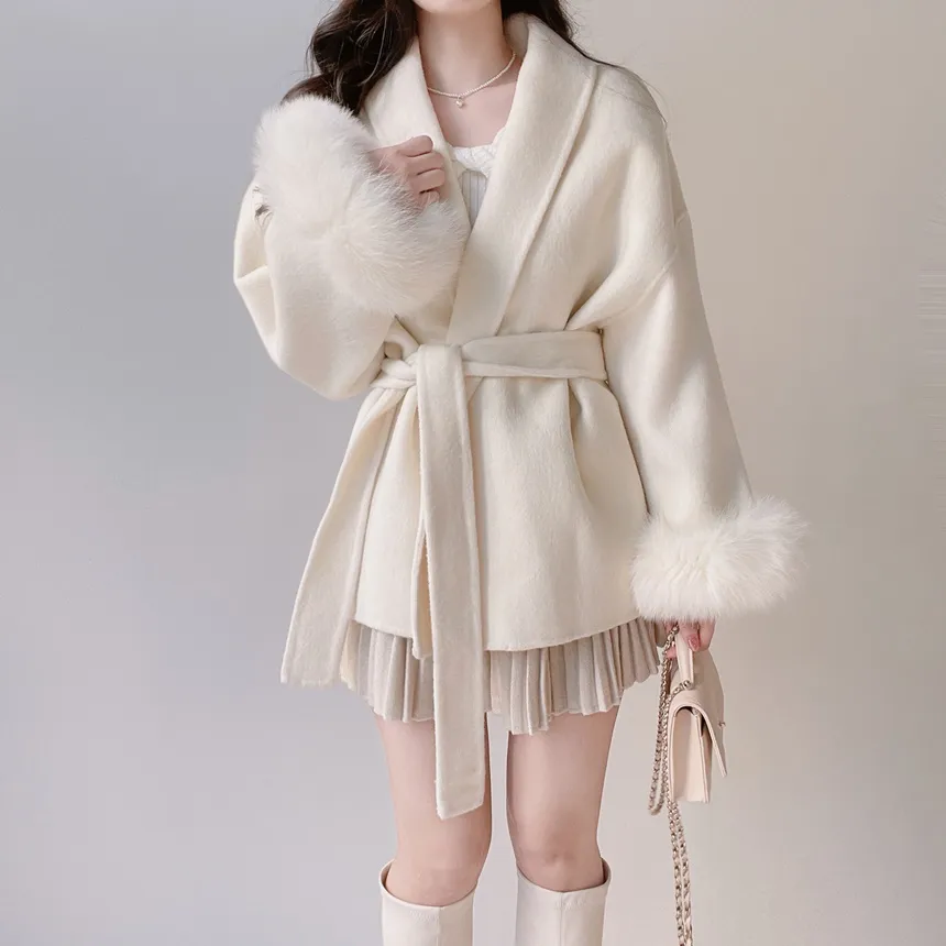 ストラップ付ウール混エコファーショートコート | mirangmirang | 詳細画像12