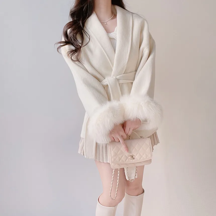 ストラップ付ウール混エコファーショートコート | mirangmirang | 詳細画像13