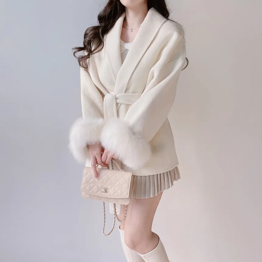 ストラップ付ウール混エコファーショートコート | mirangmirang | 詳細画像14