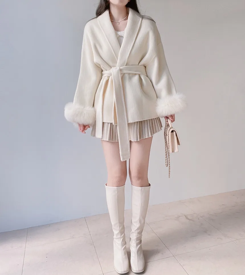 ストラップ付ウール混エコファーショートコート | mirangmirang | 詳細画像16