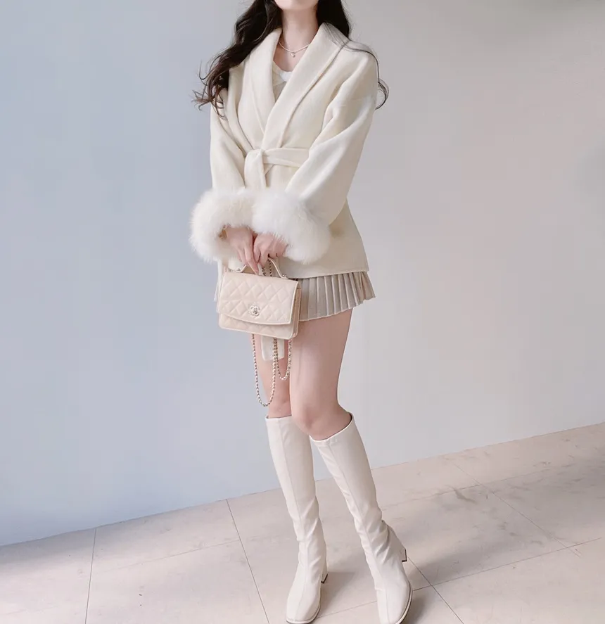 ストラップ付ウール混エコファーショートコート | mirangmirang | 詳細画像17