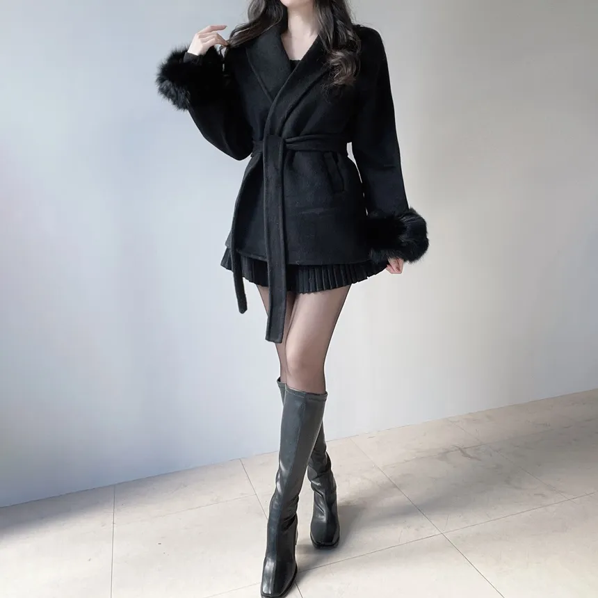 ストラップ付ウール混エコファーショートコート | mirangmirang | 詳細画像26