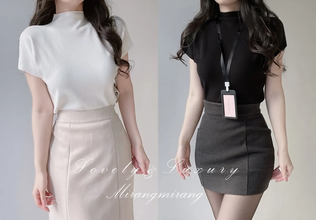 ハーフネック半袖シンプル無地ニット | mirangmirang | 詳細画像1