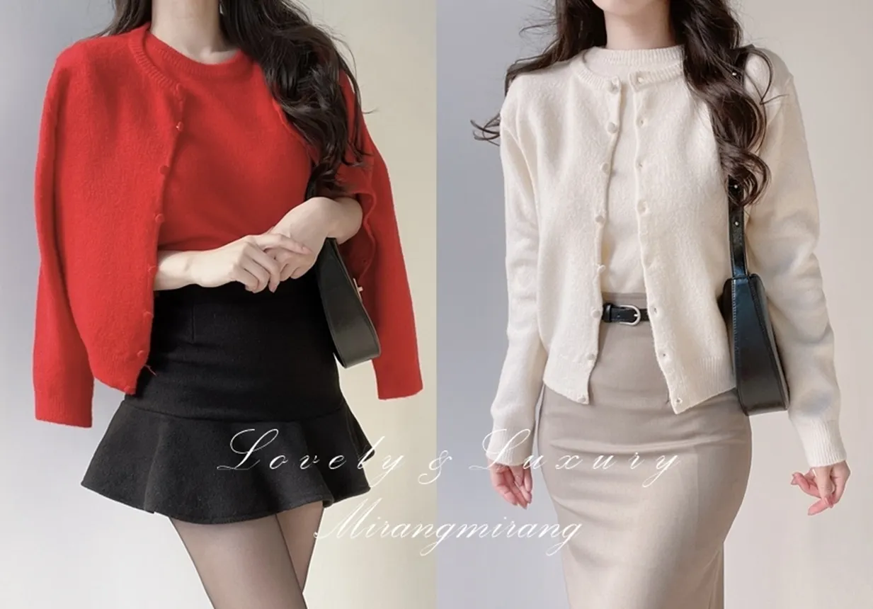 メルトンタッチラウンドネックベーシックシンプルカーディガン | mirangmirang | 詳細画像1