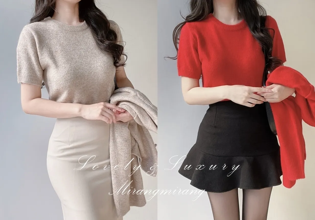 メルトンタッチラウンドネックシンプルベーシック半袖無地ニット | mirangmirang | 詳細画像1