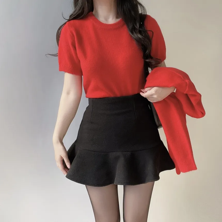 メルトンタッチラウンドネックシンプルベーシック半袖無地ニット | mirangmirang | 詳細画像50