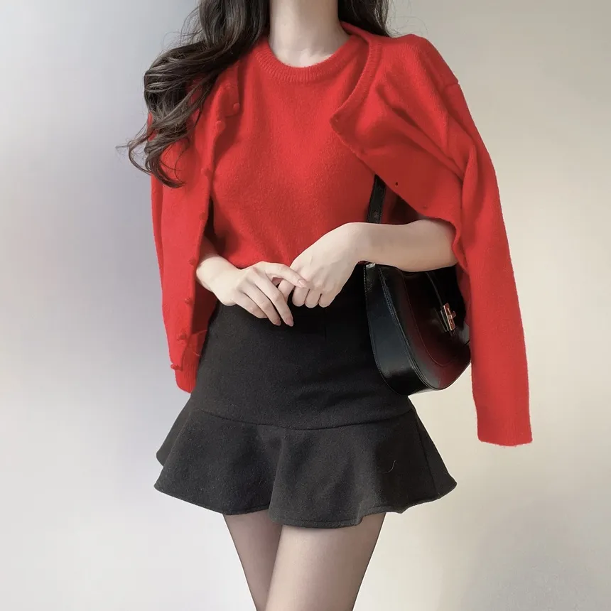 メルトンタッチラウンドネックシンプルベーシック半袖無地ニット | mirangmirang | 詳細画像52