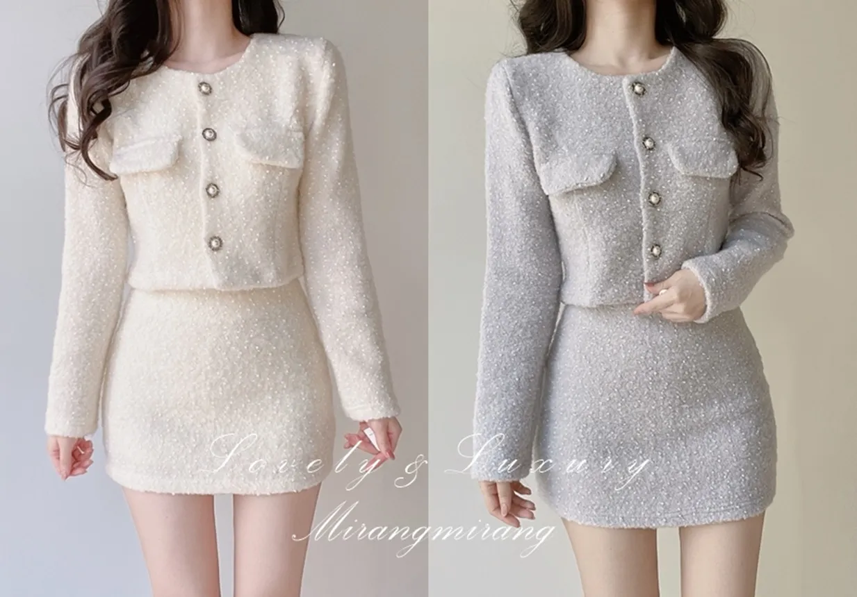 エコファーノーカラーラウンドネックショートパール調ボタンジャケット | mirangmirang | 詳細画像1