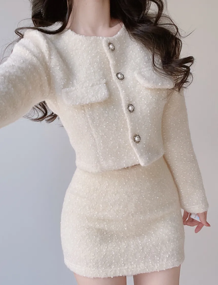 エコファーノーカラーラウンドネックショートパール調ボタンジャケット | mirangmirang | 詳細画像3