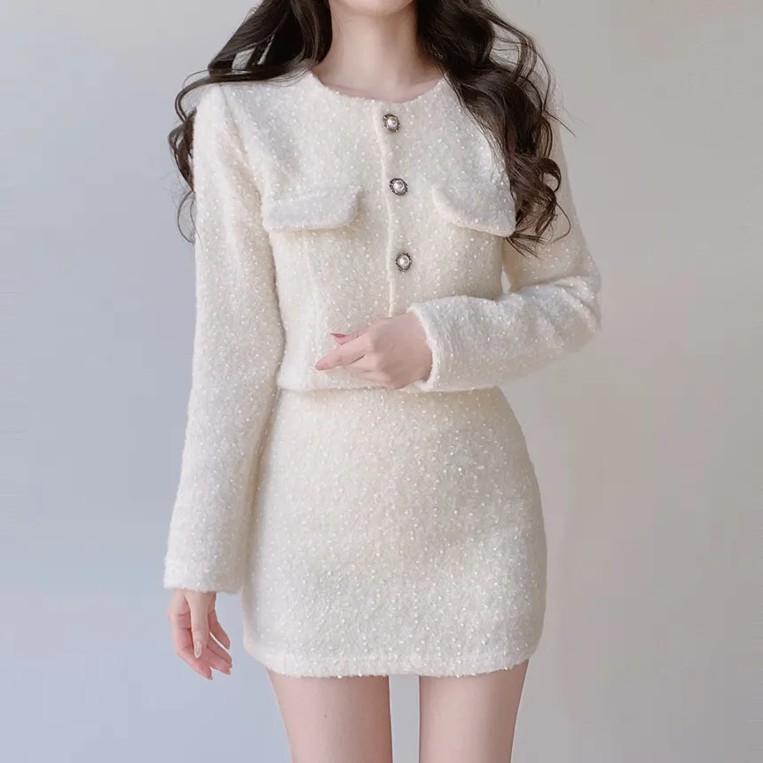 エコファーノーカラーラウンドネックショートパール調ボタンジャケット | mirangmirang | 詳細画像7