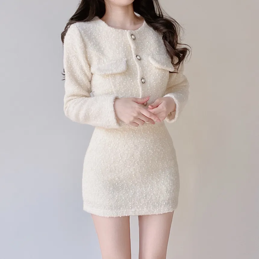 エコファーノーカラーラウンドネックショートパール調ボタンジャケット | mirangmirang | 詳細画像10