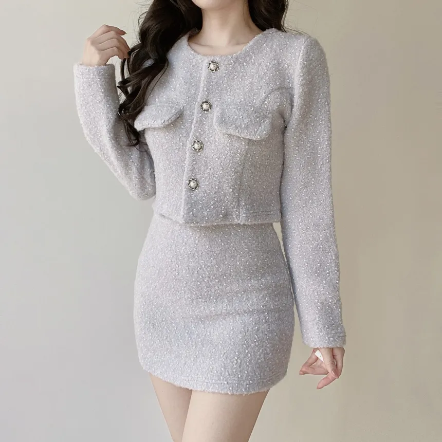 エコファーノーカラーラウンドネックショートパール調ボタンジャケット | mirangmirang | 詳細画像13