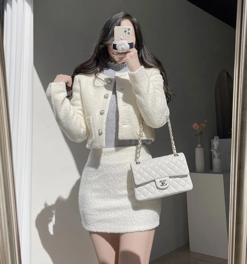 ツイードノーカラーラウンドネックショートパール調ボタンジャケット | mirangmirang | 詳細画像14