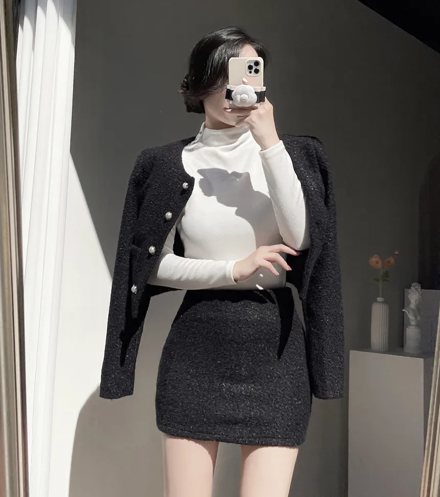 ツイードノーカラーラウンドネックショートパール調ボタンジャケット | mirangmirang | 詳細画像22