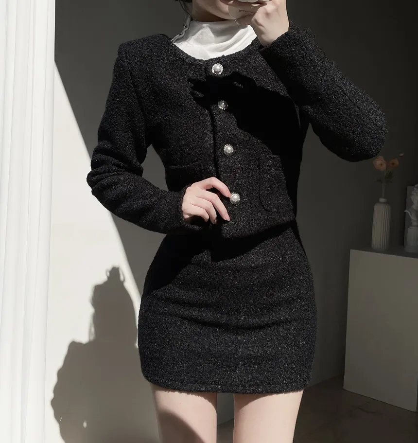 ツイードノーカラーラウンドネックショートパール調ボタンジャケット | mirangmirang | 詳細画像31