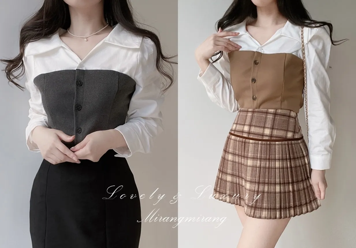 メルトンタッチレイヤード風カラーボタン配色ブラウス | mirangmirang | 詳細画像1