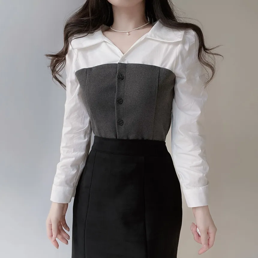 メルトンタッチレイヤード風カラーボタン配色ブラウス | mirangmirang | 詳細画像3