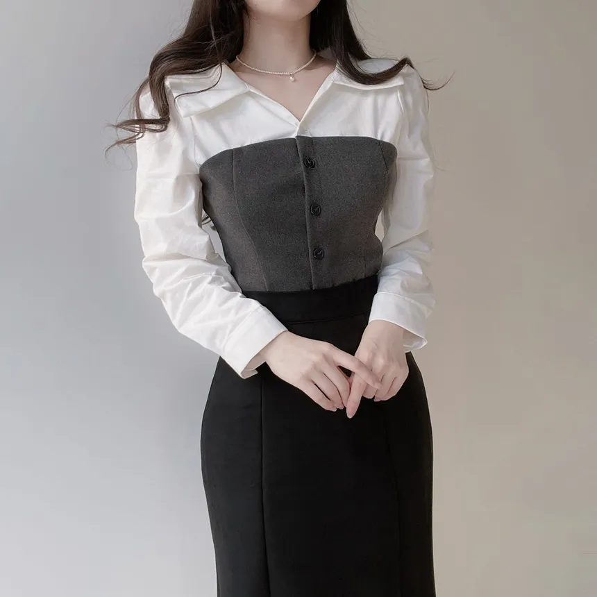 メルトンタッチレイヤード風カラーボタン配色ブラウス | mirangmirang | 詳細画像4