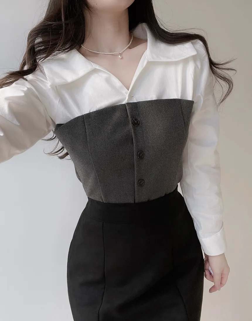 メルトンタッチレイヤード風カラーボタン配色ブラウス | mirangmirang | 詳細画像5