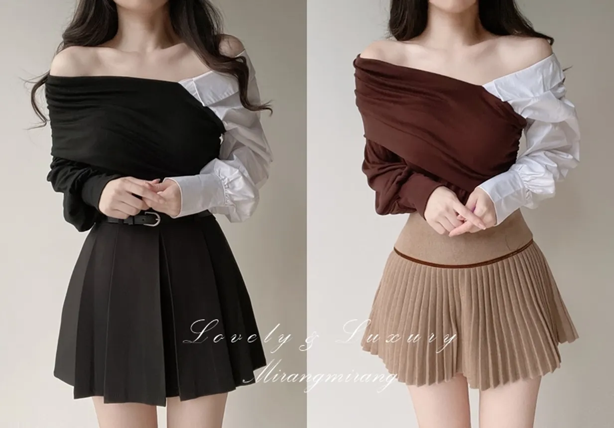 オフショルダーアンバランス配色ブラウス | mirangmirang | 詳細画像1