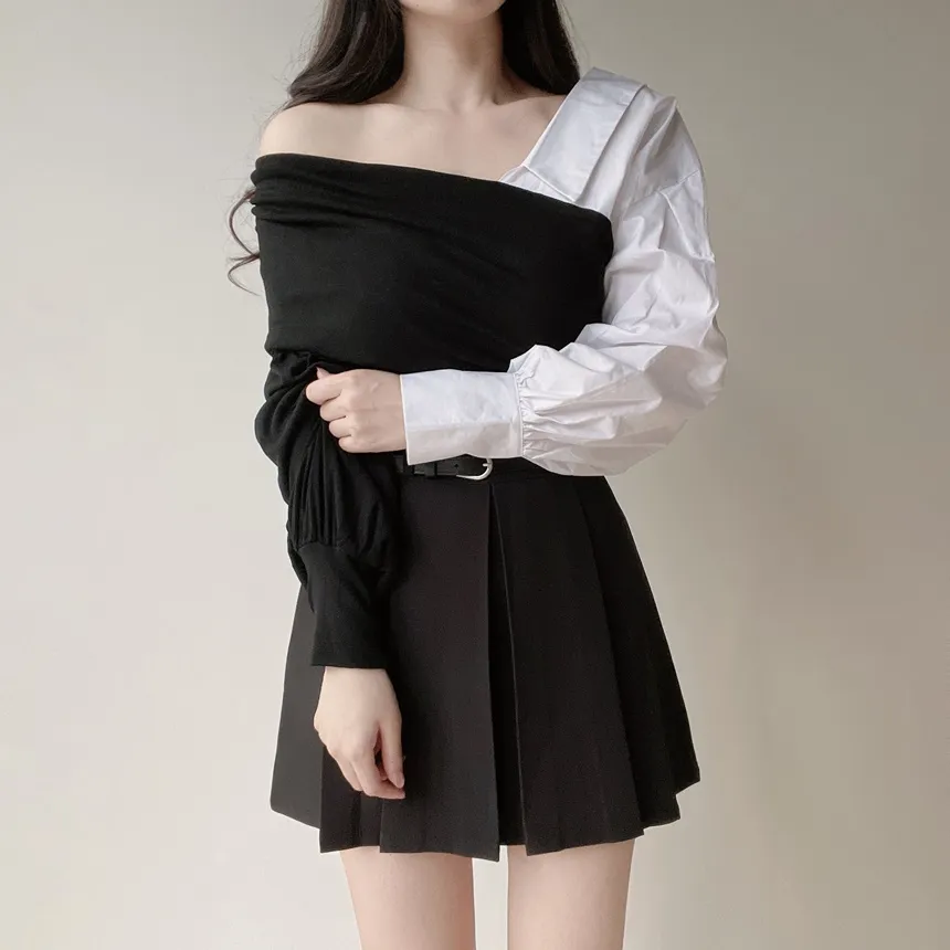 オフショルダーアンバランス配色ブラウス | mirangmirang | 詳細画像3