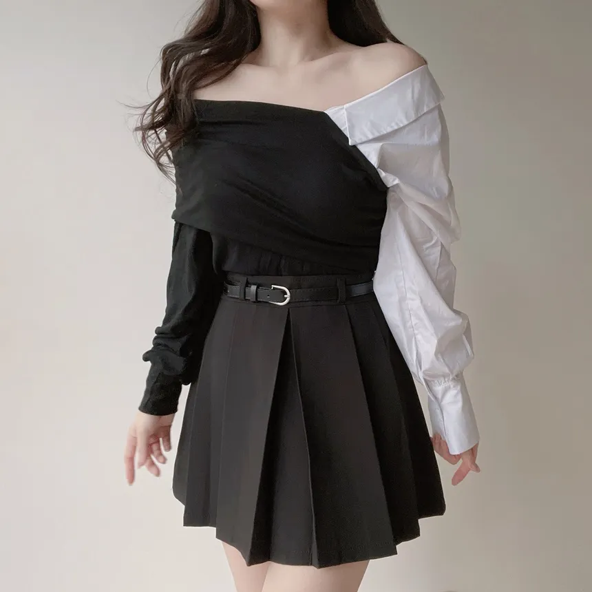 オフショルダーアンバランス配色ブラウス | mirangmirang | 詳細画像5