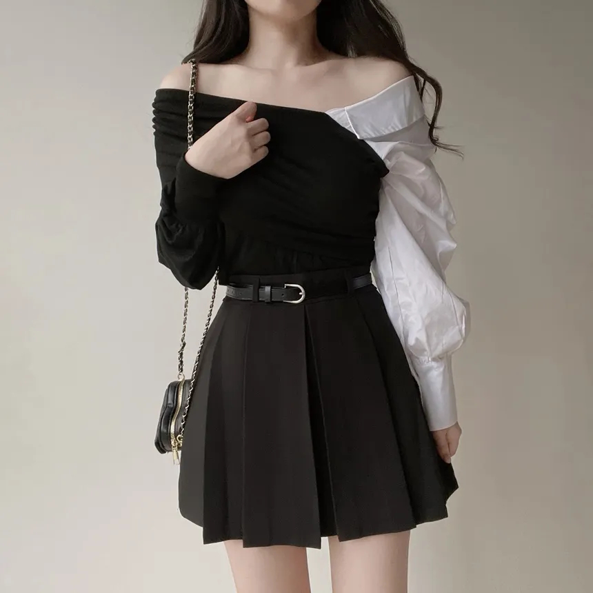 オフショルダーアンバランス配色ブラウス | mirangmirang | 詳細画像7