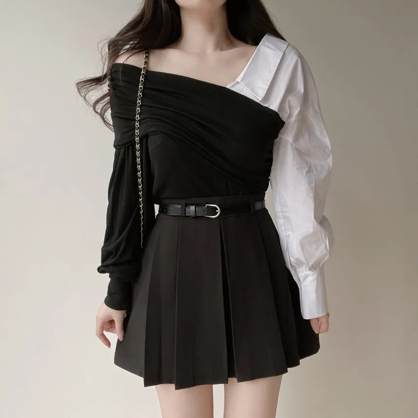 オフショルダーアンバランス配色ブラウス | mirangmirang | 詳細画像8