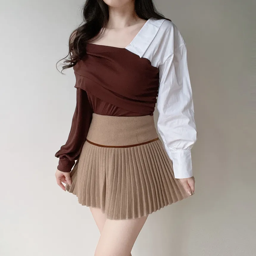 オフショルダーアンバランス配色ブラウス | mirangmirang | 詳細画像10