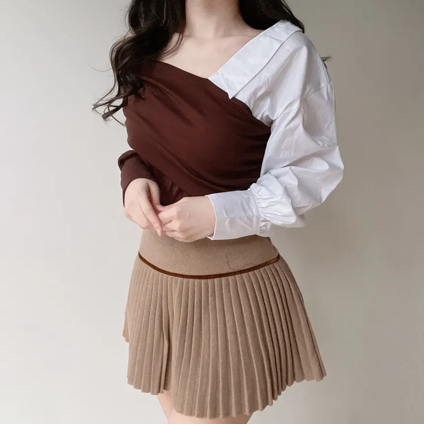 オフショルダーアンバランス配色ブラウス | mirangmirang | 詳細画像11