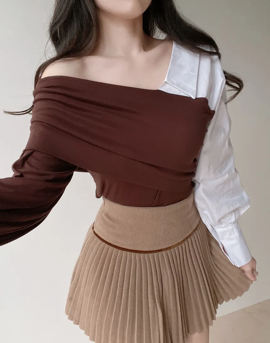オフショルダーアンバランス配色ブラウス | mirangmirang | 詳細画像12