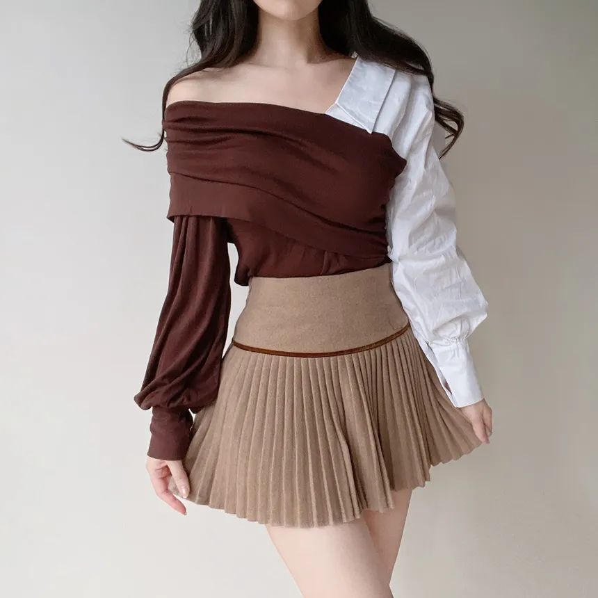 オフショルダーアンバランス配色ブラウス | mirangmirang | 詳細画像13