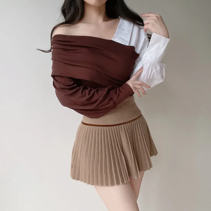 オフショルダーアンバランス配色ブラウス | mirangmirang | 詳細画像14