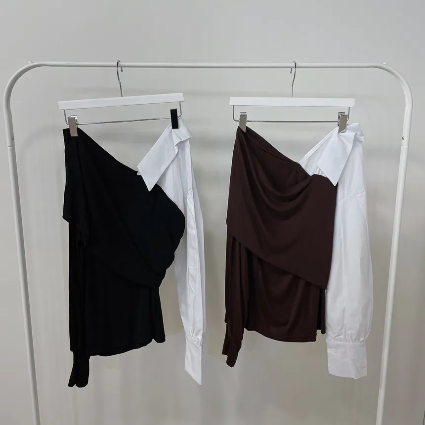 オフショルダーアンバランス配色ブラウス | mirangmirang | 詳細画像16