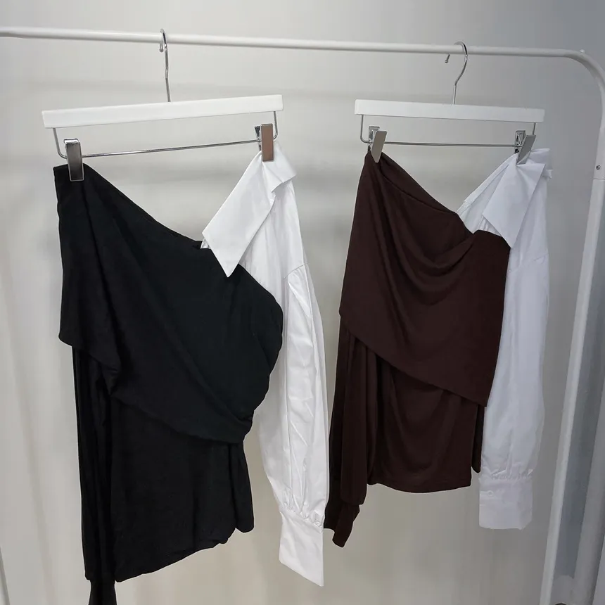 オフショルダーアンバランス配色ブラウス | mirangmirang | 詳細画像17