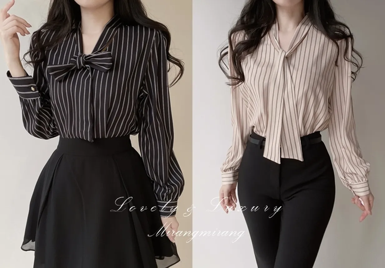 ボウタイVネックストライプブラウス | mirangmirang | 詳細画像1