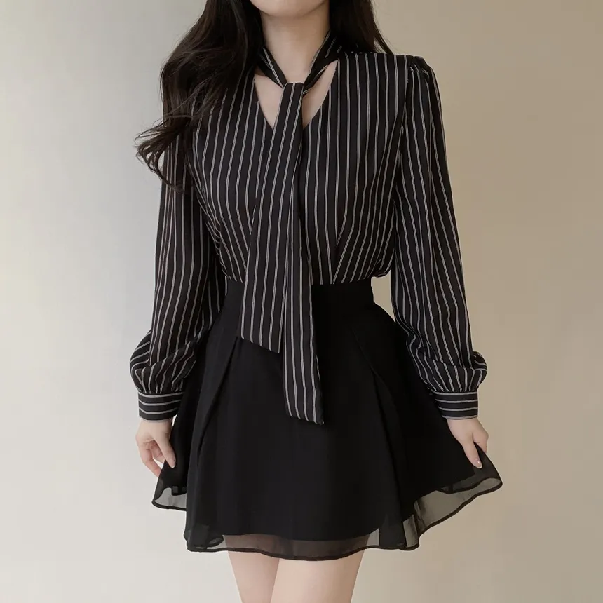 ボウタイVネックストライプブラウス | mirangmirang | 詳細画像4