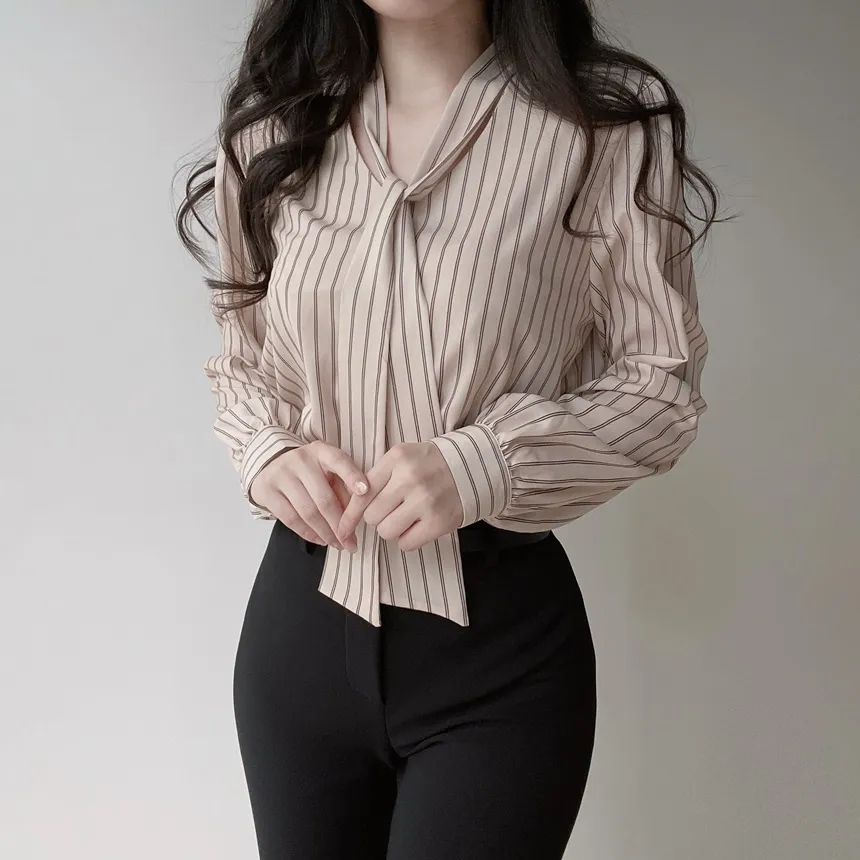 ボウタイVネックストライプブラウス | mirangmirang | 詳細画像8