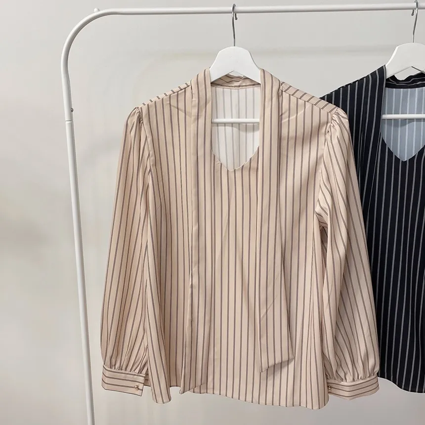 ボウタイVネックストライプブラウス | mirangmirang | 詳細画像18