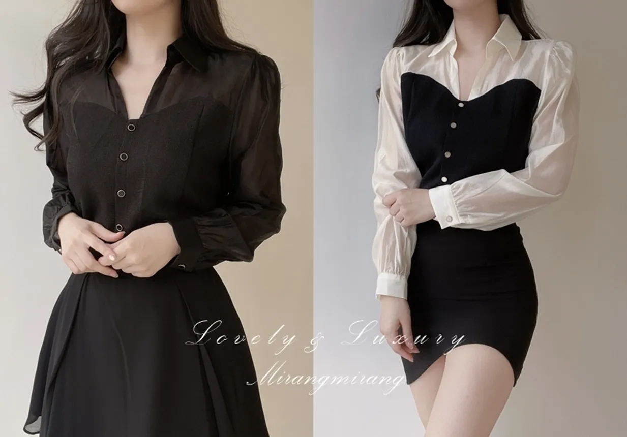 ツイードカラーレイヤード風フェイクボタンブラウス | mirangmirang | 詳細画像1