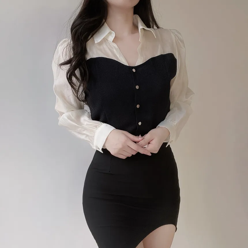 ツイードカラーレイヤード風フェイクボタンブラウス | mirangmirang | 詳細画像6