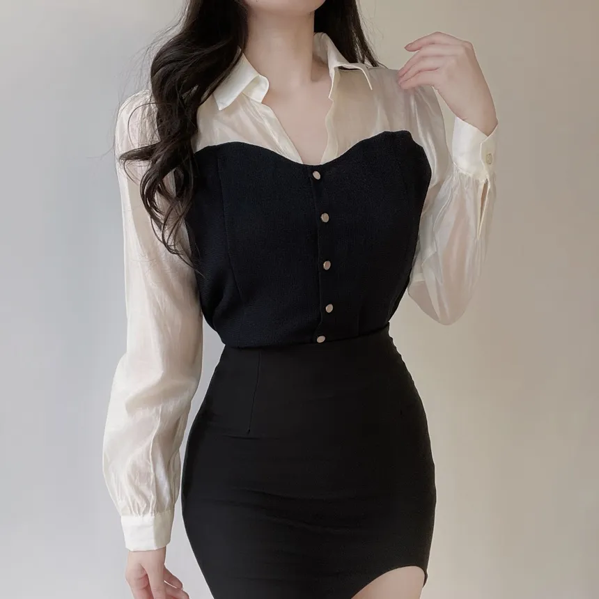 ツイードカラーレイヤード風フェイクボタンブラウス | mirangmirang | 詳細画像7