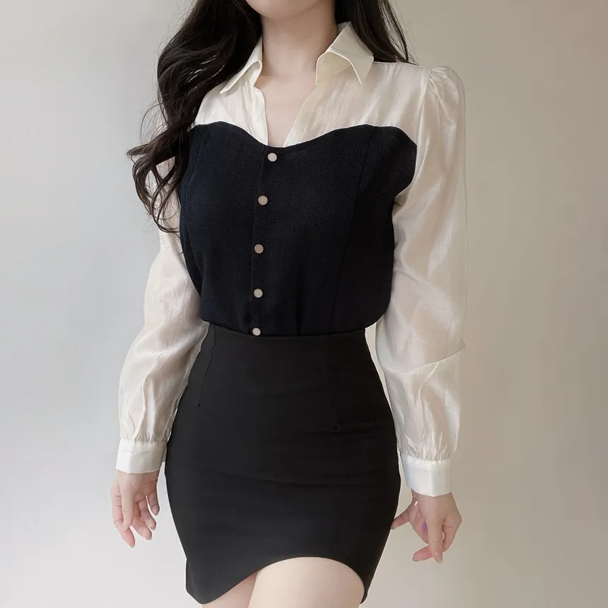 ツイードカラーレイヤード風フェイクボタンブラウス | mirangmirang | 詳細画像8