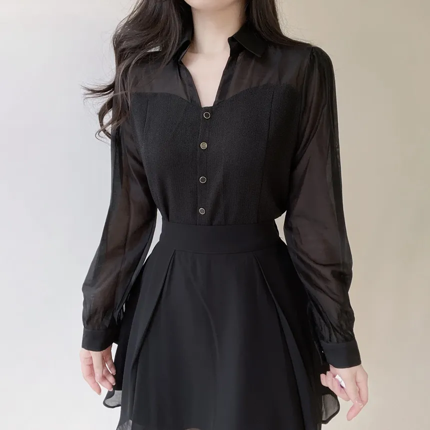 ツイードカラーレイヤード風フェイクボタンブラウス | mirangmirang | 詳細画像9