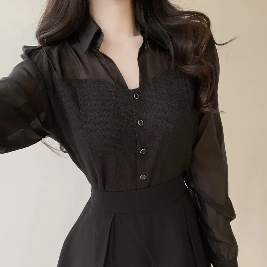 ツイードカラーレイヤード風フェイクボタンブラウス | mirangmirang | 詳細画像13