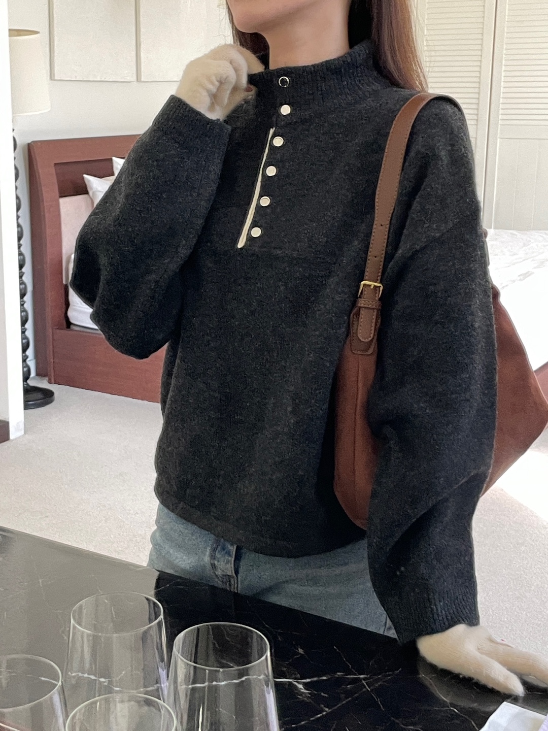 ウール混ボタンハーフネックニット | 詳細画像14